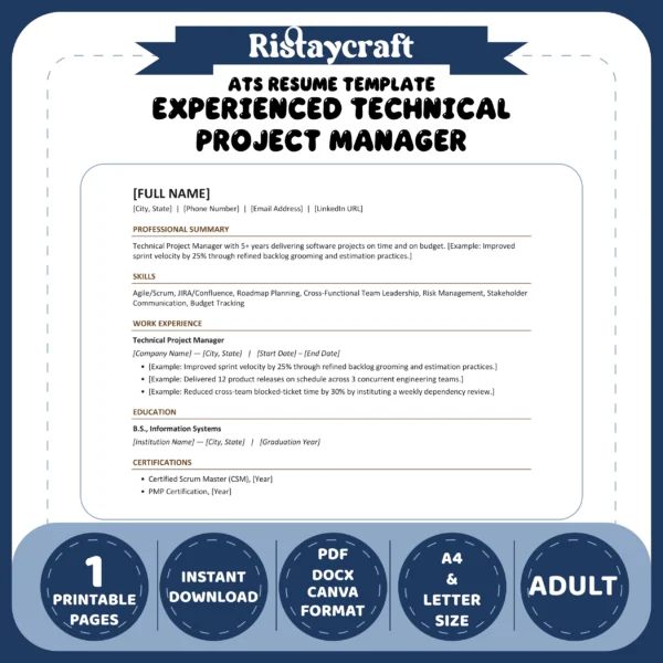 Experienced Technical Project Manager Resume Template | ATS-Friendly Word & PDF Resume