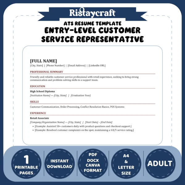 Entry-Level Customer Service Representative Resume Template | ATS-Friendly Word & PDF Resume