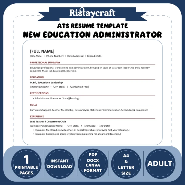 New Education Administrator Resume Template | ATS-Friendly Word & PDF Resume