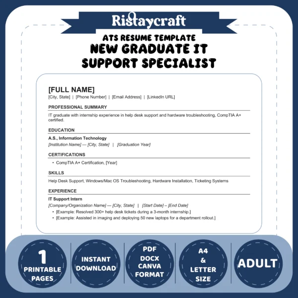 New Graduate IT Support Specialist Resume Template | ATS-Friendly Word & PDF Resume