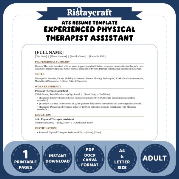 Experienced Physical Therapist Assistant Resume Template | ATS-Friendly Word & PDF Resume
