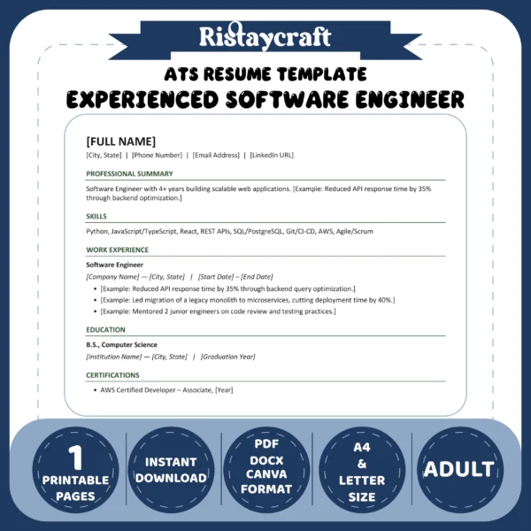 Experienced Software Engineer Resume Template | ATS-Friendly Word & PDF Resume