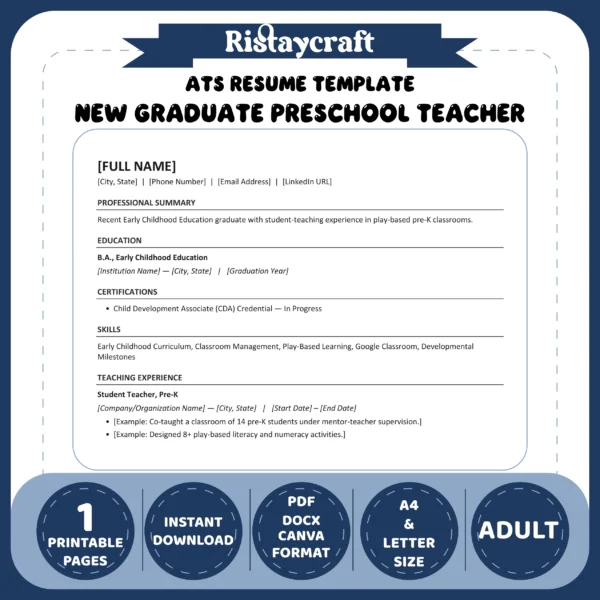 New Graduate Preschool Teacher Resume Template | ATS-Friendly Word & PDF Resume
