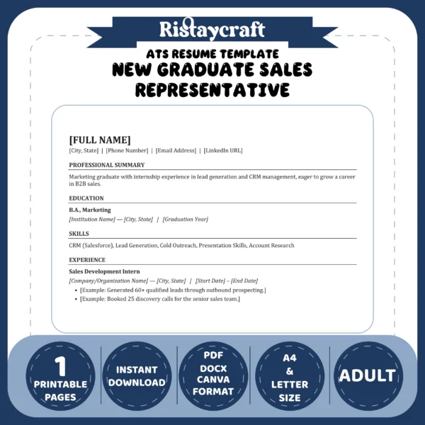 New Graduate Sales Representative Resume Template | ATS-Friendly Word & PDF Resume