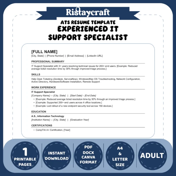 Experienced IT Support Specialist Resume Template | ATS-Friendly Word & PDF Resume