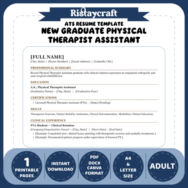 New Graduate Physical Therapist Assistant Resume Template | ATS-Friendly Word & PDF Resume