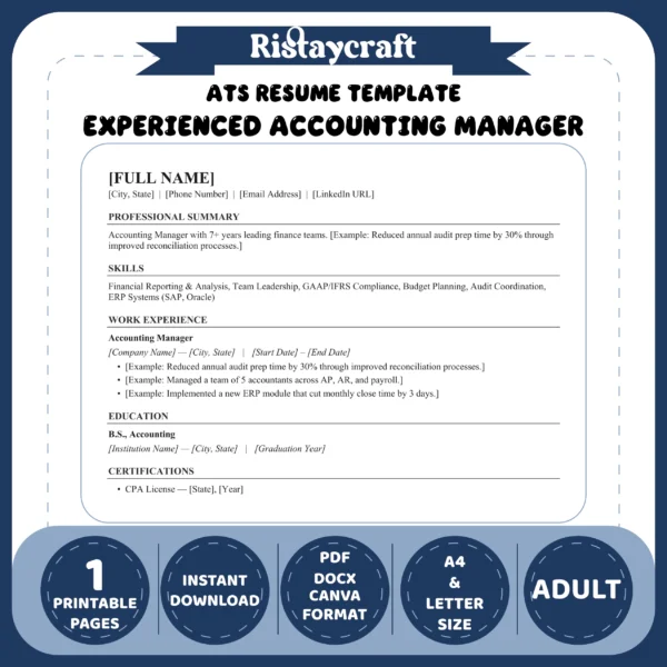 Experienced Accounting Manager Resume Template | ATS-Friendly Word & PDF Resume