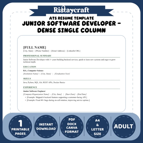 Junior Software Developer – Dense Single Column Resume Template | ATS-Friendly Word & PDF Resume