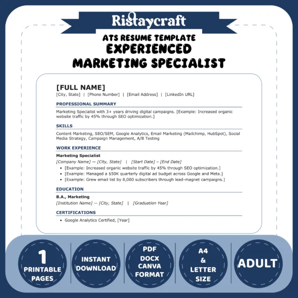 Experienced Marketing Specialist Resume Template | ATS-Friendly Word & PDF Resume