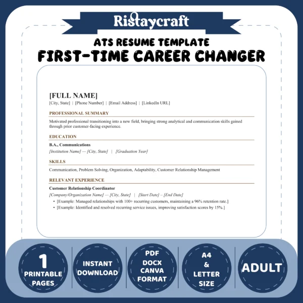 First-Time Career Changer Resume Template | ATS-Friendly Word & PDF Resume