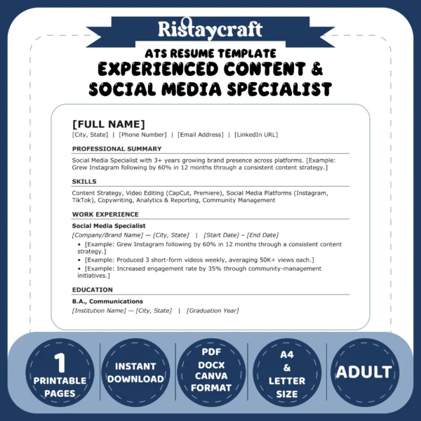 Experienced Content & Social Media Specialist Resume Template | ATS-Friendly Word & PDF Resume