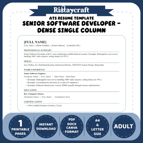 Senior Software Developer – Dense Single Column Resume Template | ATS-Friendly Word & PDF Resume