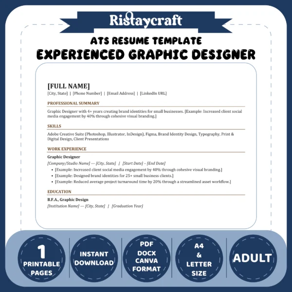 Experienced Graphic Designer Resume Template | ATS-Friendly Word & PDF Resume