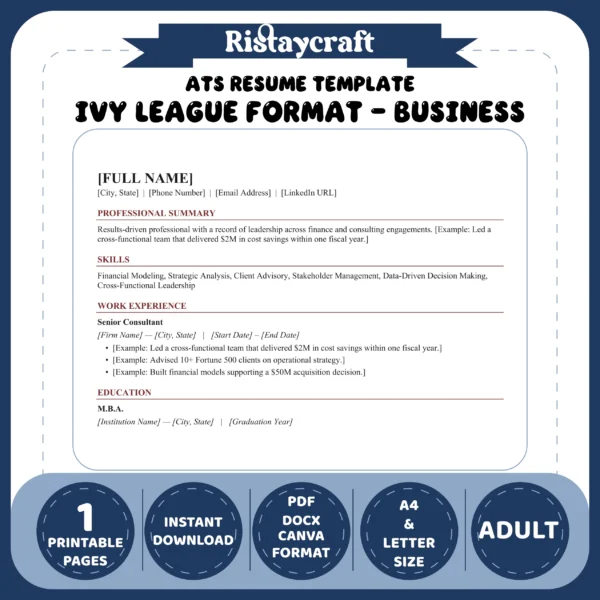 Traditional Business Format Resume Template | ATS-Friendly One-Page Resume | Word & PDF