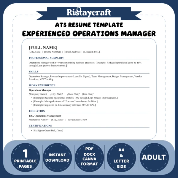 Experienced Operations Manager Resume Template | ATS-Friendly Word & PDF Resume