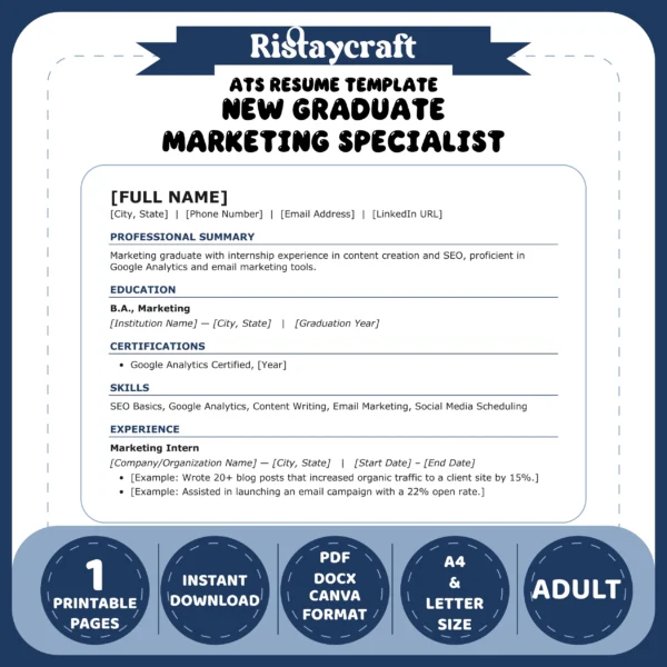 New Graduate Marketing Specialist Resume Template | ATS-Friendly Word & PDF Resume