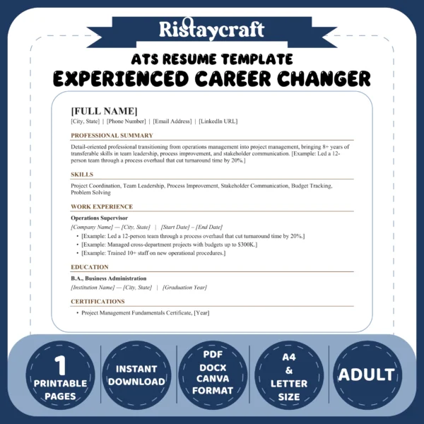 Experienced Career Changer Resume Template | ATS-Friendly Word & PDF Resume