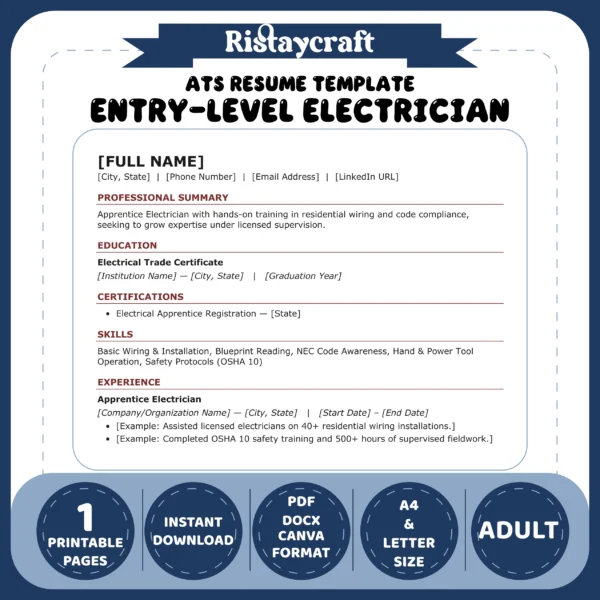 Entry-Level Electrician Resume Template | ATS-Friendly Word & PDF Resume