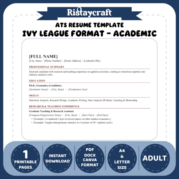 Traditional Academic Format Resume Template | ATS-Friendly One-Page Resume | Word & PDF