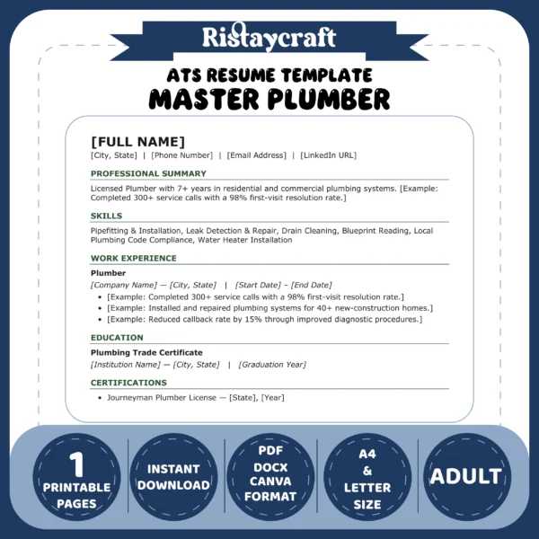 Master Plumber Resume Template | ATS-Friendly Word & PDF Resume