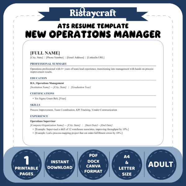 New Operations Manager Resume Template | ATS-Friendly Word & PDF Resume