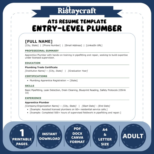 Entry-Level Plumber Resume Template | ATS-Friendly Word & PDF Resume