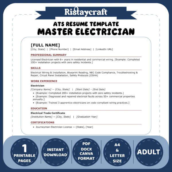 Master Electrician Resume Template | ATS-Friendly Word & PDF Resume