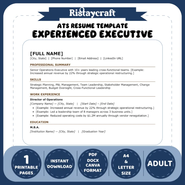 Experienced Executive Resume Template | ATS-Friendly Word & PDF Resume