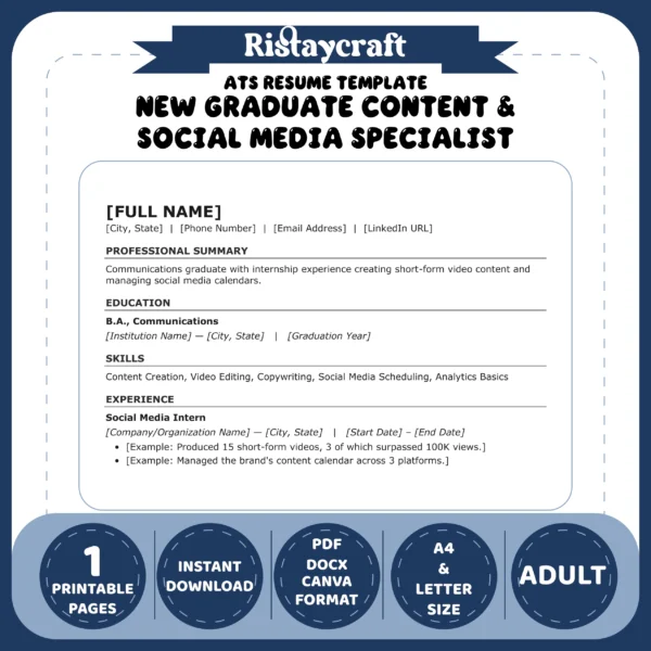 New Graduate Content & Social Media Specialist Resume Template | ATS-Friendly Word & PDF Resume