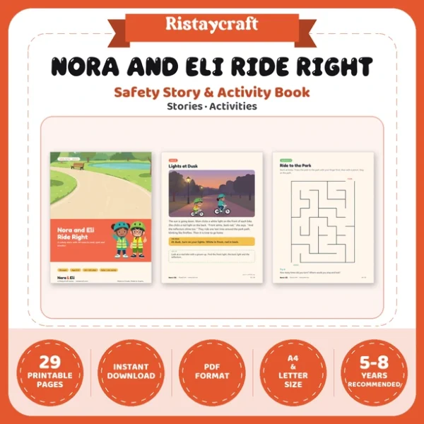 Bike Safety for Kids Printable | 29-Page Bike and Scooter Helmet Safety Workbook Ages 5–8 | Stories Activities
