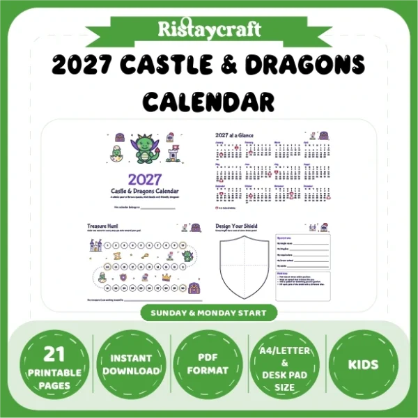 2027 Kids Calendar Printable | Castle & Dragons Monthly Calendar with Activities | Sunday & Monday Start | Letter A4 Desk Pad PDF