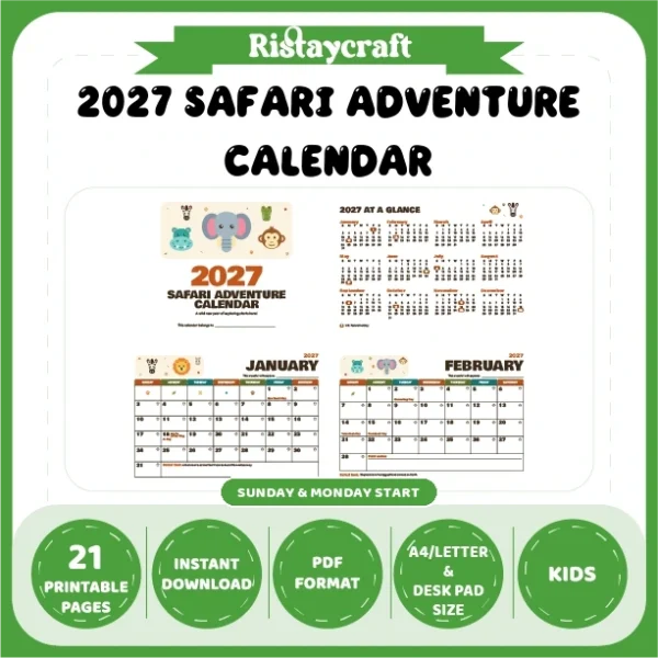 2027 Kids Calendar Printable | Safari Adventure Monthly Calendar with Activities | Sunday & Monday Start | Letter A4 Desk Pad PDF