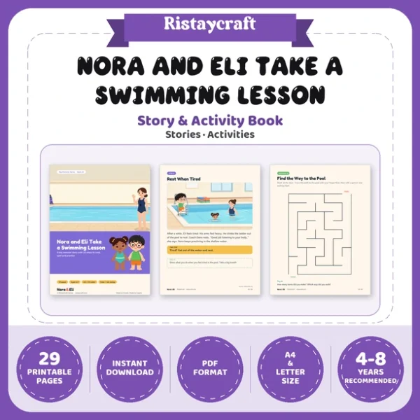 First Swimming Lesson Social Narrative for Kids | 29-Page Printable Big Moment Story Ages 4–8 | Swim Class Pool Story Activities