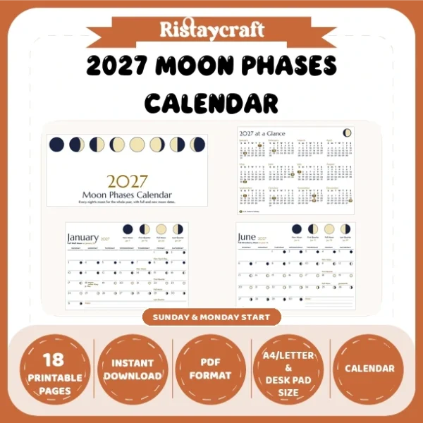 2027 Moon Phases Calendar Printable | Lunar Phase Monthly Wall Calendar | Sunday & Monday Start | Letter A4 Desk Pad PDF