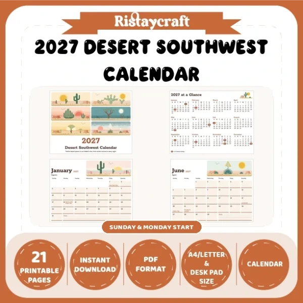 2027 Desert Southwest Calendar Printable | Cactus Desert Art Monthly Wall Calendar | Sunday & Monday Start | Letter A4 Desk Pad PDF