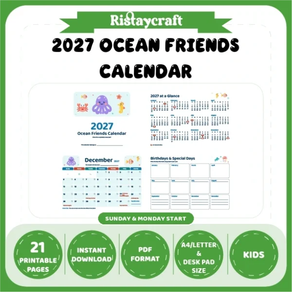 2027 Kids Calendar Printable | Ocean Friends Monthly Calendar with Activities | Sunday & Monday Start | Letter A4 Desk Pad PDF
