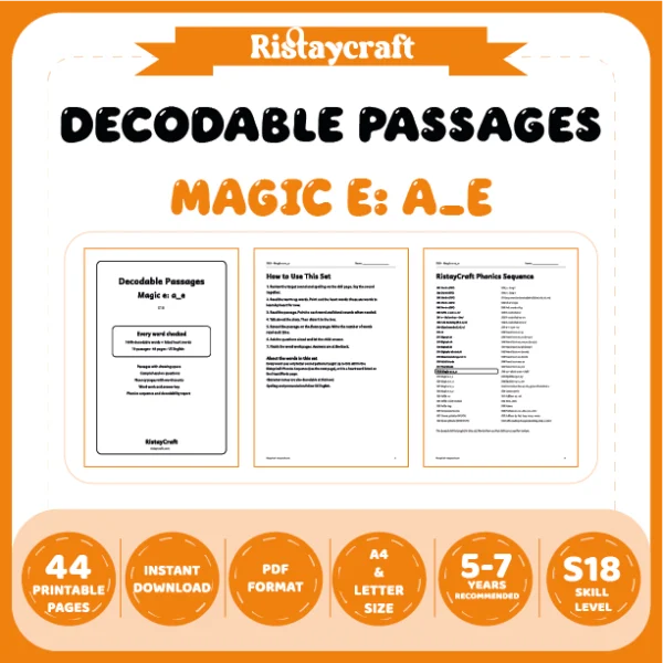 Magic e: a_e Decodable Readers | 10 Stories 44 Pages | Phonics Printable PDF | Ages 5-7