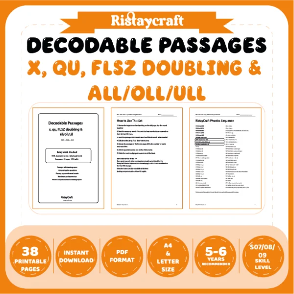 x, qu, FLSZ doubling & all/oll/ull Decodable Readers | 8 Stories 38 Pages | Phonics Printable PDF | Ages 5-6