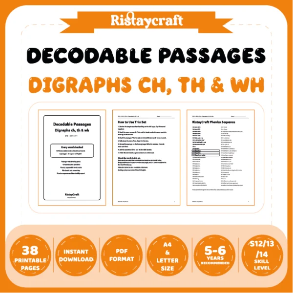 Digraphs ch, th & wh Decodable Readers | 8 Stories 38 Pages | Phonics Printable PDF | Ages 5-6