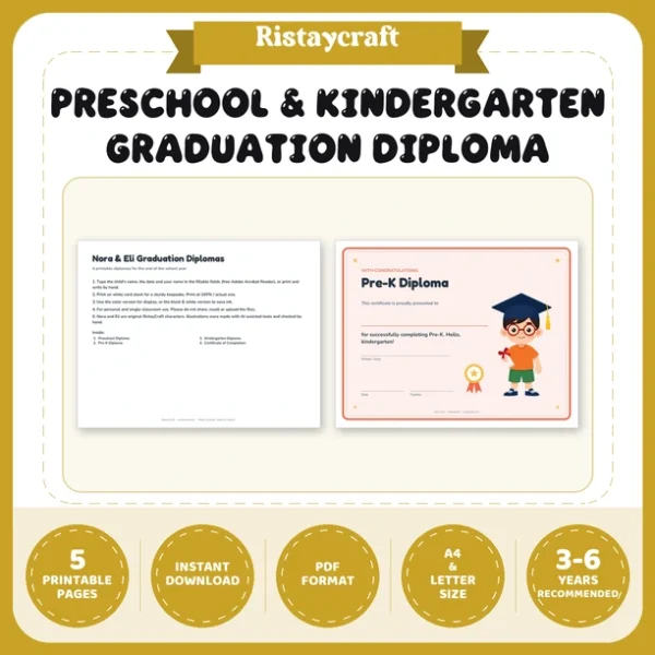 Preschool & Kindergarten Graduation Diploma Printable | Editable Pre-K Diploma Certificate | End of Year Award | Nora & Eli PDF
