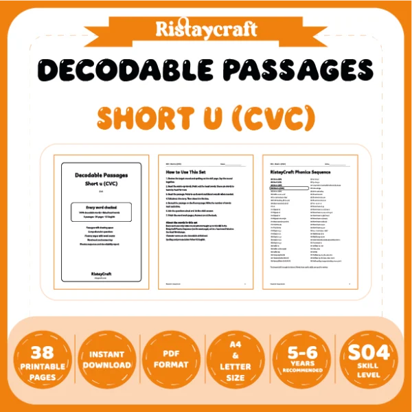 Short u (CVC) Decodable Readers | 8 Stories 38 Pages | Phonics Printable PDF | Ages 5-6