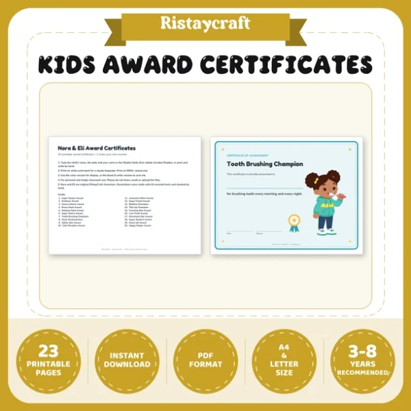 Kids Award Certificates Printable | 22 Student Certificates, Fillable Name | Classroom Rewards & Behavior Awards | Nora & Eli PDF