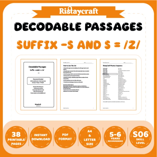 Suffix -s and s = /z/ Decodable Readers | 8 Stories 38 Pages | Phonics Printable PDF | Ages 5-6