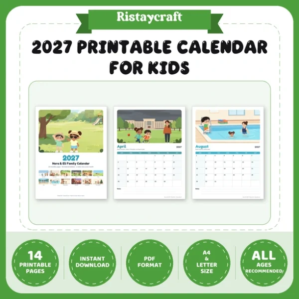 2027 Printable Calendar for Kids | Nora & Eli Monthly Wall Calendar with US Holidays | Family Planner Letter A4 PDF