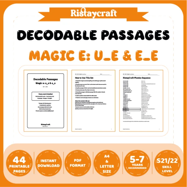 Magic e: u_e & e_e Decodable Readers | 10 Stories 44 Pages | Phonics Printable PDF | Ages 5-7