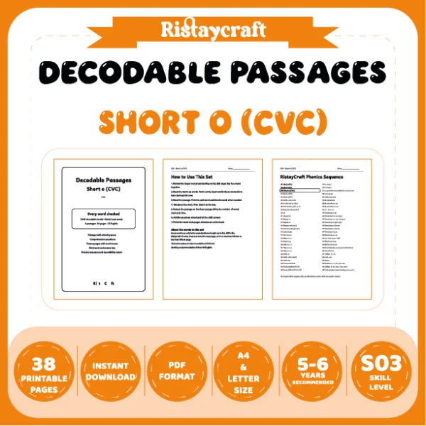 Short o (CVC) Decodable Readers | 8 Stories 38 Pages | Phonics Printable PDF | Ages 5-6