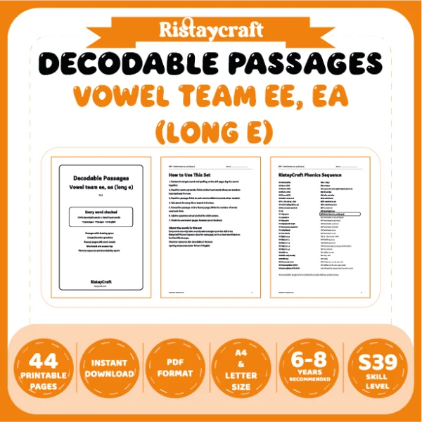Vowel team ee, ea (long e) Decodable Readers | 10 Stories 44 Pages | Phonics Printable PDF | Ages 6-8