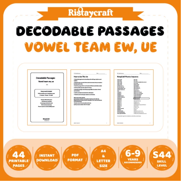 Vowel team ew, ue Decodable Readers | 10 Stories 44 Pages | Phonics Printable PDF | Ages 6-9