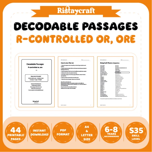 R-controlled or, ore Decodable Readers | 10 Stories 44 Pages | Phonics Printable PDF | Ages 6-8