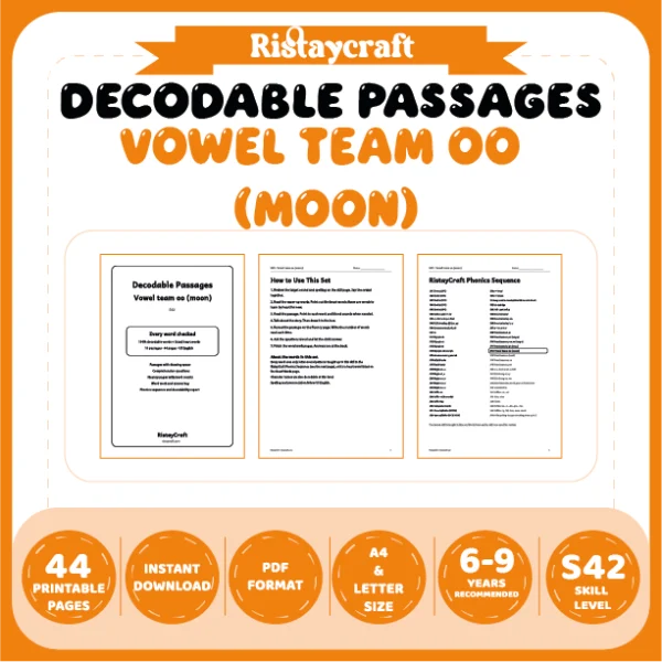 Vowel team oo (moon) Decodable Readers | 10 Stories 44 Pages | Phonics Printable PDF | Ages 6-9